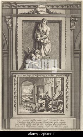 Der heilige Apologe Theophilus von Antiochien hält ein zusammengerolltes Papier. Zu seinen Füßen studiert ein Engel ein Buch. Theophilus steht auf einem Sockel, auf dem sein Studium christlicher Schriften auf der Vorderseite abgebildet ist. Drucken markiert oben Mitte: II. Teil. Pag: 214., Hl. Theophilus von Antiochien, Apologe Theophilus, Bischof von Antiochien wurde Christ durch aufmerksame Diskussion, Druckerei: Jan Luyken, (erwähnt auf Objekt), Druckerei: Zacharias Chatelain (II), (erwähnt auf Objekt), Zeichner: Jan Goeree, (erwähnt auf Objekt), Amsterdam, 1698, Papier, Radierung, Gravur, H 277 mm × B 174 Stockfoto