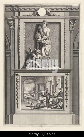 Der heilige Apologe Theophilus von Antiochien mit einem zusammengerollten Papier in den Händen. Zu seinen Füßen studiert ein Engel ein Buch. Theophilus steht auf einem Sockel, auf dem seine Studie christlicher Schriften auf der Vorderseite abgebildet ist., Heiliger Theophilus von Antiochien, Apologe, Druckerei: Jan Luyken, Druckerei: Zacharias Chatelain (II), Zeichner: Jan Goeree, Amsterdam, 1698, Papier, Radierung, Gravur, H 275 mm × B 176 mm Stockfoto