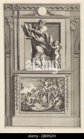 Der heilige Cyprian von Karthago weist einen Engel mit einer Mitra in den Händen auf eine Passage in einem Buch. Cyprian steht auf einem Sockel, auf dem seine Enthauptung auf der Vorderseite abgebildet ist, St. Cyprian von Karthago, Druckerei: Jan Luyken, Druckerei: Zacharias Chatelain (II), Zeichner: Jan Goeree, Amsterdam, 1698, Papier, Radierung, Gravur, H 276 mm × B 171 mm Stockfoto