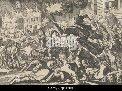 Schlacht der Russen und Polaken in Moskau, bei der die Stadt weitgehend auf Asche reduziert wird, 1611, Druckerei: Jan Luyken, Verlag: Pieter van der AA (I), Druckerei: Amsterdam, Verlag: Leiden, 1698, Papier, Radierung, Buchdruck, H 111 mm × B 155 mm Stockfoto