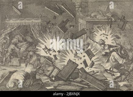 Während der Belagerung Rigas explodiert eine Bombe in einem Haus, 1656, Druckerei: Caspar Luyken, Verlag: Pieter van der AA (I), Druckerei: Amsterdam, Verlag: Leiden, 1698, Papier, Radierung, Buchdruck, H 110 mm × B 157 mm Stockfoto