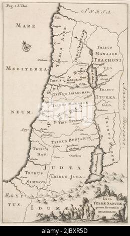 Karte von Palästina mit Christus auf einem Berg unten rechts, der den Zuhörern predigt, Karte von Palästina Loca Terrae Sanctae , Druckerei: Jan Luyken, Verlag: Willem Broedelet, Amsterdam, 1700, Papier, Ätzung, H 244 mm × B 142 mm Stockfoto