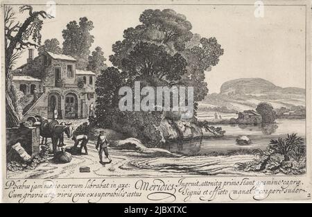 Blick auf eine italienische Landschaft mit einem See und Figuren in der Nähe eines Hauses, die Mittag darstellen. Vorne links zwei Figuren bei Packmules. Druck aus einer Serie von vier, italienisch anmutende Landschaft: Afternoon Meridies The parts of the day (Serientitel), Druckerei: Jan van de Velde (II), Nordniederland, 1603 - 1641, Papier, Radierung, H 140 mm, B 213 mm Stockfoto