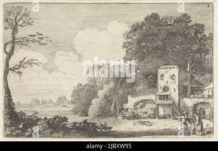 Eine Landschaft mit einem Haus, vor dem ein Mann, eine Frau und ein Kind (Abraham, Hagar und Ismael) stehen (Gen. 21:9-21). Der Mann hat seine rechte Hand in einer zeigenden Geste ausgestreckt. Im mittleren Vordergrund drei ruhende Hirten. Elfter Druck aus dem dritten Teil einer Serie von insgesamt sechzig Landschaftsgrafiken, aufgeteilt in fünf Teile zu je zwölf Drucken., Landscape with the Sending Away of Hagar and Isamel Landscapes (Serientitel) Amenissimae aliquot requculae (Serientitel), Druckerei: Jan van de Velde (II), Jan van de Velde (II), Nordniederland, 1616, Papier, Radierung, H 120 mm Stockfoto