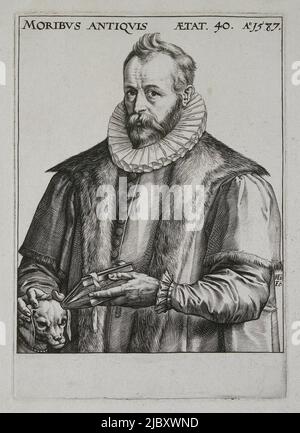 Porträt des Humanisten und Gelehrten Justus Lipsius (1547-1606). In der Mitte, gekleidet in einen Tabard, in seiner linken Hand ein Buch, seine rechte Hand auf dem Kopf seines Spaniels Saphyrus ruhend. Unter dem Bild ist noch Platz für eine Bildunterschrift, Portrait von Justus Lipsius, Druckerei: Hendrick Goltzius, (erwähnt auf Objekt), Hendrick Goltzius, Haarlem, 1587, Papier, Gravur, H 143 mm × B 101 mm Stockfoto