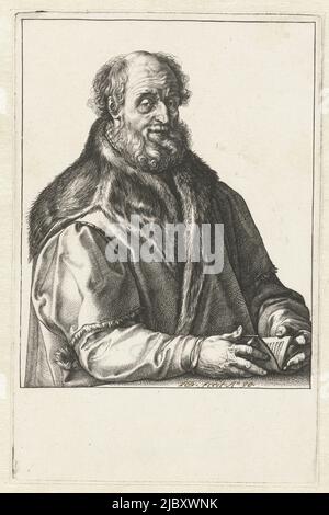 Porträt des Druckers/Verlegers und Bürgermeisters von Haarlem, Jan van Suren (1517-1591). Van Suren ist 71 Jahre alt. Halb gekleidet hinter einem Tisch, mehr oder weniger auf der rechten Seite, gegenüber dem Betrachter. In seinen Händen ist ein Büchlein. Er trägt einen mit Fell getrimmten Mantel, Porträt von Jan van Suren, Druckerei: Hendrick Goltzius, Hendrick Goltzius, Haarlem, 1588 - 1590, Papier, Gravur, H 164 mm × B 107 mm Stockfoto