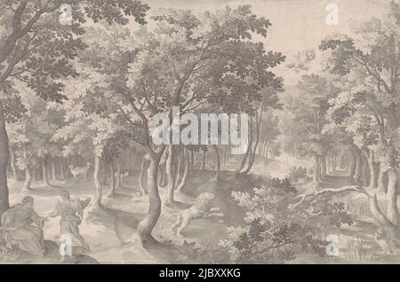 Die fünfte Vision von Esra. In einem Wald brüllt ein Löwe in den Himmel, wo sich ein brennender Adler mit drei Köpfen verzehrt. Im Vordergrund links erklärt ein Engel dem Propheten Esra (2 Esra) die Vision. In der oberen rechten Ecke das Tetragramm, das Gott den Vater symbolisiert, Fünfte Vision von Ezra, Druckerei: Nicolaes de Bruyn, (erwähnt auf Objekt), Nicolaes de Bruyn, (erwähnt auf Objekt), Herausgeber: Pierre Gallays, (Auf Objekt erwähnt), Druckerei: Antwerpen, Verlag: Paris, 1608 und/oder 1687 - 1749, Papier, Gravur, B 722 mm × H 481 mm Stockfoto