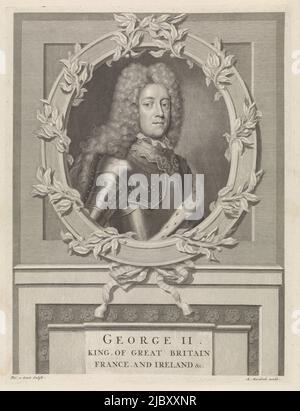 Georg II. Augustus von Hannover, König von Großbritannien, Porträt von Georg II. Augustus von Großbritannien, Druckerei: Philip van Gunst, (auf Objekt erwähnt), Verlag: Matthijs van Marebeek, (auf Objekt erwähnt), Amsterdam, 1727 - 1732, Papier, Gravur, H 372 mm × B 284 mm Stockfoto