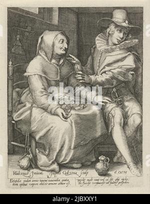 Eine alte Frau sitzt auf einem Stuhl. In ihrem Schoß sind mehrere Münzen. Neben ihr ein junger Mann auf einem Stuhl. Die Frau legt ihre Hand auf das Bein des Mannes, aber er wendet sich von ihr ab. Der Druck hat eine lateinische und niederländische Bildunterschrift, ungleiche Liebe, Druckerei: Jacob Goltzius (II), (auf Objekt erwähnt), Hendrick Goltzius, (auf Objekt erwähnt), anonym, Haarlem, 1584 - 1630, Papier, Gravur, B 141 mm × H 185 mm Stockfoto