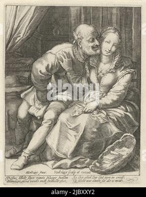 Ein alter Mann sitzt auf einem Stuhl und tastet in seinem Geldbeutel. Neben ihm eine junge Frau auf einem Stuhl. Der alte Mann versucht, die Frau zu küssen, aber sie wendet sich von ihm ab und hält ihn auf. Der Druck hat eine lateinische und niederländische Bildunterschrift, ungleiche Liebe, Druckerei: Jacob Goltzius (II), (auf Objekt erwähnt), Hendrick Goltzius, (auf Objekt erwähnt), anonym, Haarlem, 1584 - 1630, Papier, Gravur, B 141 mm × H 184 mm Stockfoto