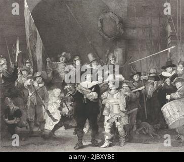 Die korporale Kompanie von Kapitän Frans Banninck Cocq und Leutnant Willem van Ruytenburch, bekannt als "Nachtwache"., Druckerei: Johann Wilhelm Kaiser (I), nach: Rembrandt van Rijn, (auf Objekt erwähnt), Amsterdam, 1863 - 1864, Papier, Ätzen, Gravieren, Trockenpunkt, H 582 mm × B 677 mm Stockfoto