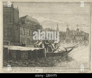 Der Nachtflug von König James II. Aus dem Palast in Whitehall London, 20. Dezember 1688 Besitz wird in ein Ruderboot verladen Plate K in der Serie 'Engelants schouwtoneel' über die glorreiche Revolution und die Ereignisse der vorangegangenen Jahre 1685-1689 erster Teil mit Unterschriften in Niederländisch und Französisch, Vlucht van Koning Jacobus II, 1688 de Koning Jakobus II vlugt by nagt uyt withal den 21 22 Desemr 1688 Engelants schouwtoneel, verbeeldde het vlugte van Jacobus II, Koning van Groot Brit Britten etc met desselfs aankomst in Yrlant en verdere voorvallen, i Deel , Pickaert Maker Stockfoto