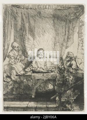 Christus in Emmaus: Die größere Tafel, Druckerei: Rembrandt van Rijn, (auf Objekt erwähnt), Rembrandt van Rijn, 1654, Papier, Ätzen, Trockenpunkt, H 211 mm × B 162 mm Stockfoto