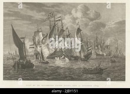 Die Schlacht an der Zuiderzee, 11. Oktober 1573. Seeschlacht, in der die Flotte der Water Beggars unter der Führung von Cornelis Dirkszoon von Monnickendam die spanische Flotte von Bossu besiegt. In der Mitte schießen die Schiffe aufeinander, im Vordergrund ein Schaluppe und einige andere kleinere Schiffe, die Schlacht der Zuiderzee gegen Bossu, 1573 Schlacht der Zuiderzee gegen Bossu, 11. Oktober 1573., Druckerei: Walraad Nieuwhoff, (auf Objekt erwähnt), Zeichner: Hendrik Vettewinkel, (auf Objekt erwähnt), Niederlande, 1829 - 1831, Papier, Ätzung, H 273 mm × B 347 mm Stockfoto