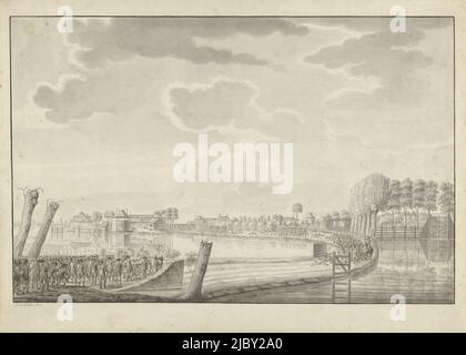 Angriff auf Ouderkerk aan de Amstel, 1787, Jean George Teissier, 1788 - 1790, Angriff preußischer Truppen unter dem Kommando von General Friedrich Adolf von Kalckreuth auf die Bullewijk bei Ouderkerk aan de Amstel, verteidigt von Amsterdamer Schützen unter dem Kommando von Oberst George Hendrik de Wilde, 1. Oktober 1787. Entwurf für einen Druck., Zeichner: Jean George Teissier, (signiert vom Künstler), Nordniederland, 1788 - 1790, Papier, Stift, Bürste, H 359 mm × B 503 mm Stockfoto