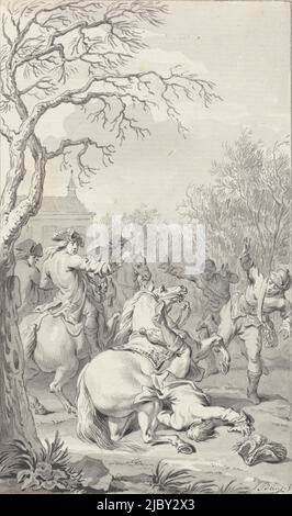 Tödlicher Sturz Wilhelms III. Von seinem Pferd, 4. März 1702, Jacobus kauft, 1792 - 1794, Der tödliche Fall von König Wilhelm III. Während einer Jagdparty, 4. März 1702. Der König fällt von seinem Pferd, mit erschrocken Zuschauer. Entwurf für einen Druck., Zeichner: Jacobus Buys, (auf Objekt erwähnt), Nordniederland, 1792 - 1794, Papier, Stift, Pinsel, H 149 mm × B 89 mm Stockfoto