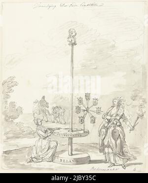 Die Zerstörung der Alten Verfassung, Dekoration auf dem Botermarkt, 1795, anonym, 1795, der Neid steht mit brennender Fackel am Steuer des Adels. Oben eine Büste von Prinz William V. im Hintergrund flüchtende Bürger. Unbenutztes Design für die Dekoration 'Zerstörung der alten Verfassung' auf dem Botermarkt in Amsterdam bei der Bündnispartei am 19. Juni 1795., Zeichner: Anonym, Zeichner: Johannes van Dregt, (abgelehnte Namensnennung), Niederlande, 1795, Papier, Stift, Bürste, H 323 mm × B 277 mm Stockfoto