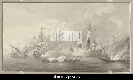 Seeschlacht, möglicherweise in Kijkduin am 21. August 1673, Nicolaes Muys, nach Willem van de Velde (II), 1781, Darstellung einer Seeschlacht, Möglicherweise die Seeschlacht in Kijkduin am 21. August 1673 zwischen der Staatlichen Flotte unter Michiel de Ruyter und Cornelis Tromp und der anglo-französischen Flotte unter Prinz Rupert und Graf Jean d'Estrées (II). Links eine große Galeere mit Rudern., Zeichner: Nicolaes Muys, nach: Willem van de Velde (II), (möglicherweise), Nordniederland, 1781, Papier, Stift, Bürste, H 226 mm × B 404 mm Stockfoto