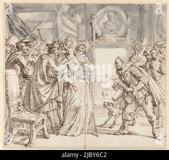 La Belle Constance (die französischen Protestanten) werden von Ludwig XIV., Jesuit und Soldaten umworben. In der Gruppe rechts mit König Jakob II. Und der Königin mit dem untergeordneten Kind kann sie auch keine Sicherheit finden. Entwurf für eine Karikatur, Karikatur zu Ludwig XIV. Und der Verfolgung der Protestanten in Frankreich, 1689., Zeichner: Romeyn de Hooghe, 1689, Papier, Stift, Pinsel, H 334 mm × B 373 mm Stockfoto