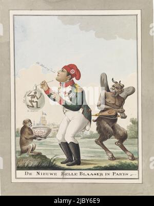 Napoleon als Blasenbläser, 1815, Wijnand Esser, 1815, Karikatur zu Napoleons erfolglosen Versuchen, die Stadt bei seiner Rückkehr nach Paris nach seinem Verlust bei Waterloo am 18. Juni 1815 zu gewinnen. Napoleon trägt einen Jakobiner-Hut und bläst eine Blase, in der der Tod wie ein Skelett ist. Rechts bläst der Teufel mit einem Balg auf ihn, links ein Affe, der die Seifenlauge aushält., Zeichner: Wijnand Esser, (erwähnt auf Objekt), Niederlande, 1815, Papier, Stift, Pinsel, H 333 mm × B 262 mm Stockfoto
