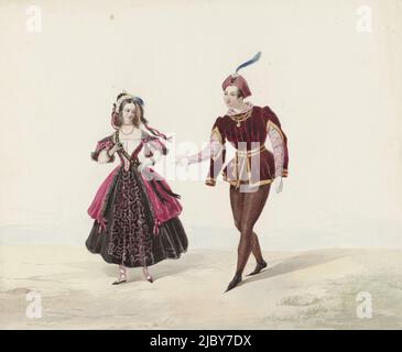 Mann und Frau in historischer Tracht, 1841, Huib van Hove BZ, 1841, Mann und Frau in historischer Tracht. Möglicherweise polnisches Kostüm. Kostüme, die auf dem Kostümball getragen wurden, der am 17. Und 19. Februar 1841 in Den Haag anlässlich des Hochzeitstages von König Wilhelm II. Und Anna Paulowna 25. stattfand. Platten nach einigen dieser Auftritte erscheinen in einem Album über diesen Ball., Zeichner: Huib van Hove BZ, Niederlande, 1841, Papier, Zeichnung, H 323 mm × B 390 mm Stockfoto