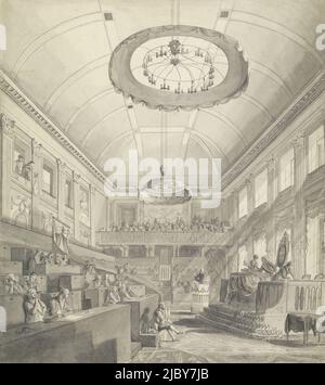 Erste Nationalversammlung in Den Haag, 1796, anonym, 1796, Sitzung der Ersten Nationalversammlung in Den Haag am 31. August 1796. Blick auf den Besprechungsraum (ehemaliger Tanzsaal des Stadholder-Schlosses) mit den Mitgliedern, die alle mit Bändern als Vertreter der Mitglieder vertreten sind. Rechts der Vorsitzende und neben ihm ein Sprecher auf dem Podium. Im Hintergrund die vollständige öffentliche Galerie., Zeichner: Anonymous, Den Haag, 31-Aug-1796, Papier, Stift, Bürste, H 533 mm × B 475 mm Stockfoto