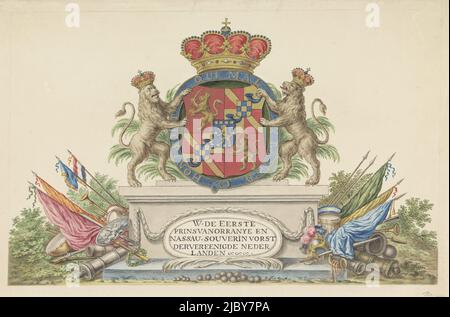 Wappen von William Frederick, Prinz von Oranien als Souverän, 1814, anonym, 1814, das Wappen von William Frederick, Prinz von Oranien als Souverän Souverän der Niederlande im Jahr 1814, auf einem Sockel unter Grün. Das Wappen, das nach dem Königlichen Dekret vom 14. Januar 1814 verfasst wurde. Auf beiden Seiten des Wappens mit der Königskrone zwei Löwen mit königlichen Kronen, um das Wappen der Orden des Gewanzers mit dem Motto 'Honi Soit Qui Mal Y Panse'. Auf beiden Seiten von Podesttrophäen mit Waffen und Transparenten., Zeichner: Anonym, Niederlande, 1814, Papier, Stift Stockfoto