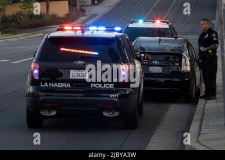 La Habra, Kalifornien / USA - 27. April 2022: Polizeieinheiten ziehen auf einer Stadtstraße über ein Auto. Stockfoto