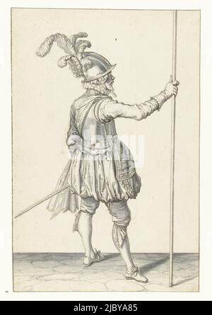 Soldat, von hinten gesehen, mit rechter Hand den Speer aufrecht haltend, Jacob de Gheyn (II), 1596 - 1606, Soldat, in voller Länge, von hinten gesehen, Einen Speer (Lanze) mit der rechten Hand aufrecht halten. Dies ist die dritte Aktion, um den Speer aufrecht zu Boden zu bringen. Entwurfszeichnung für Platte 7 in der Anleitung zum Umgang mit dem Speer in J. de Gheyns Wapenhandelhe (1607). Kampfkunst um 1600. Entwurf für einen Druck., Zeichner: Jacob de Gheyn (II), 1596 - 1606, Papier, Stift, Pinsel, H 266 mm × B 175 mm Stockfoto