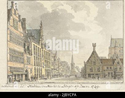 Rathaus und Marktplatz in Bergen op Zoom, Abraham de Haen (II), 1739, Zeichner: Abraham de Haen (II), 1739, Papier, Pinsel, Stift, H 78 mm × B 101 mm Stockfoto