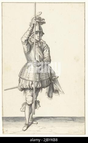 Soldat, von vorne gesehen, den Speer mit beiden Händen aufrecht vor ihm leicht über dem Boden haltend, Jacob de Gheyn (II), 1596 - 1606, Entwurf für einen Druck., Zeichner: Jacob de Gheyn (II), 1596 - 1606, Papier, Stift, Pinsel, H 261 mm × B 165 mm Stockfoto