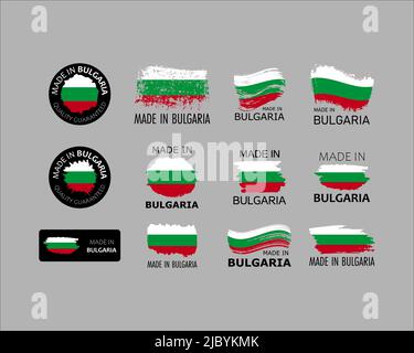 Aufkleberset. Hergestellt in Bulgarien. Pinselstriche mit bulgarischer Flagge. Fabrik-, Fertigungs- und Produktionslandkonzept. Designelement für Stock Vektor