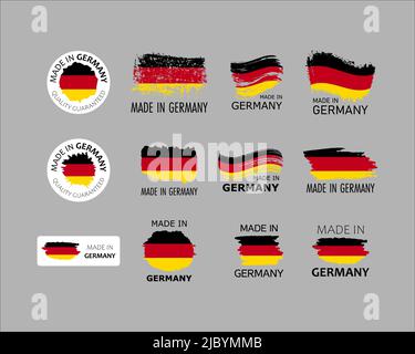 Aufkleberset. Hergestellt in Deutschland. Pinselstriche mit deutscher Flagge. Fabrik-, Fertigungs- und Produktionslandkonzept. Designelement für Labor Stock Vektor