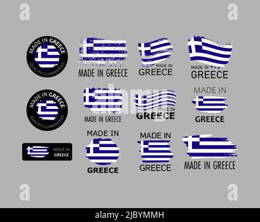 Aufkleberset. Hergestellt in Griechenland. Pinselstriche in Form einer griechischen Flagge. Fabrik-, Fertigungs- und Produktionslandkonzept. Designelement für Etikett Stock Vektor