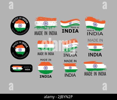 Aufkleberset. Hergestellt in Indien. Pinselstriche in Form einer indischen Flagge. Fabrik-, Fertigungs- und Produktionslandkonzept. Designelement für Etikett Stock Vektor