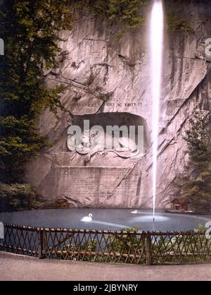 Löwendenkmal und Brunnen, Luzern, Schweiz 1890. Stockfoto