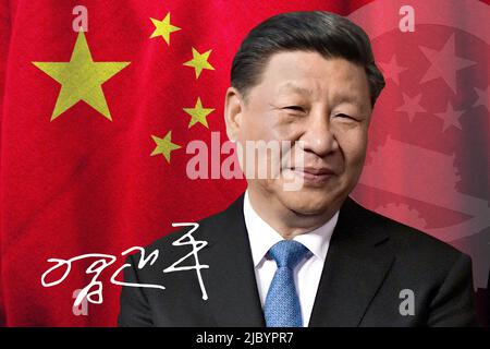 XI Jinping, Unterschrift, chinesische Flagge und nationales Emblem Stockfoto