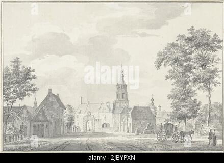 Blick auf eines der Stadttore von Buren, Pieter Jan van Liender, 1750, Zeichner: Pieter Jan van Liender, 1750, Papier, Stift, Pinsel, H 124 mm × B 181 mm Stockfoto