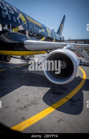 Eurowings hat Fußballfans ein eigenes Flugzeug gewidmet: Den BVB Fanairbus - einen Airbus A320 in einer speziellen Schwarz-Gelb-Lackierung Stockfoto