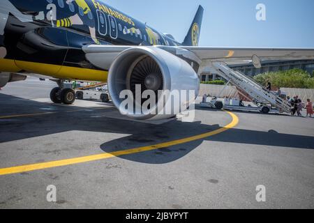 Eurowings hat Fußballfans ein eigenes Flugzeug gewidmet: Den BVB Fanairbus - einen Airbus A320 in einer speziellen Schwarz-Gelb-Lackierung Stockfoto