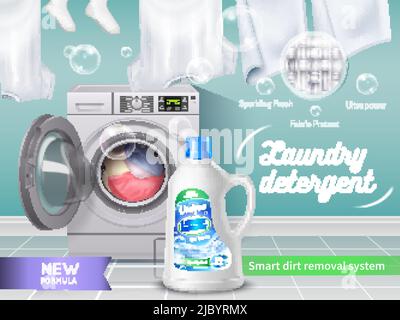 Waschmittel realistische und farbige Banner mit funkelnden frischen Stoff Projekt Ultra-Power-Beschreibungen Vektor-Illustration Stock Vektor