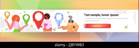 Personen, die die Online-Navigations-App auf digitalen Geräten verwenden, Mann Frau, die Route mit GPS-Zeigern für Positionsnadel erkundet Stock Vektor