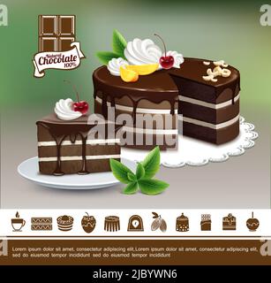 Leckere Desserts buntes Konzept mit realistischen Schokoladenkuchen mit Nüssen Creme Kirsche Mangoscheiben und Schokolade süße Produkte Symbole Vektor illustrat Stock Vektor