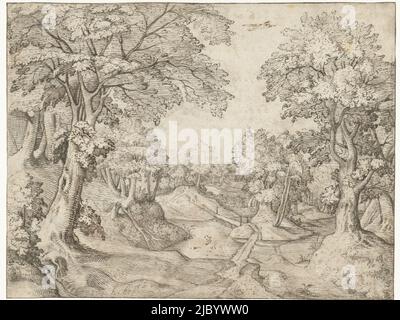 Waldlandschaft mit Bach, anonym, nach Pieter van der Borcht (I), c. 1583, Pieter van der Borcht (I), Zeichner: Anonym, Niedere Länder, c. 1583, Papier, Stift, H 204 mm × B 270 mm Stockfoto