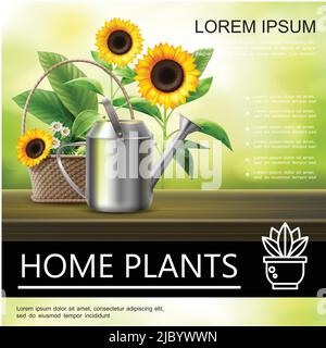 Realistisches Gartenposter mit Metallbewässerung kann Sonnenblumen und Kamillen im Korb auf verschwommenem Hintergrund Vektor-Illustration Stock Vektor