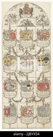 Entwurf für Buntglasfenster 14, gestiftet von den Bürgermeistern und Räten von Amsterdam, Pieter Jansz, 1666, Entwurf für Buntglasfenster mit Wappen von Andries de Graeff, Agatha Hasselaers, Gerard Hasselaers, Henrietta van Graft, Simon van Hoorn, Hendrick Hooft, Nicolaas Hooft, Cornelis van Outshoorn, Cornelia Franke, Hendrick Dirck Spiegel, Catharina Opsie, Cornelis Witsen, Duifje van Gerwen, Joan van de Poll, Maria Spiegels, Gerard Schaep, Jacoba Ranst, Gillis Valckenier, Elisabeth Bicker van Swieten, Anna van Hoorn, Nicolaas Tulp, Cornelis van Vlooswijck und Margarita van Outshoorn Stockfoto