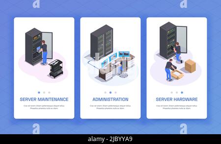 Rechenzentrum Verwaltung Hardware Ausrüstung Server Wartung Kommunikation Dienstleistungen 3 isometrische vertikale Banner blauer Hintergrund isolierte Vektor il Stock Vektor