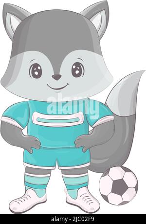 Wolf spielt Fußball. Vektor-Illustration eines niedlichen Athleten Tier. Niedliche kleine Illustration von Wolf für Kinder, Babybuch, Märchen, Abdeckungen, Baby Stock Vektor