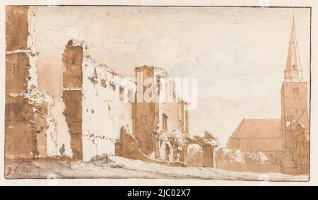 Ruine der Abtei und Kirche in Rijnsburg, Jan de Bisschop, 1649, Zeichner: Jan de Bisschop, 1649, Papier, Stift, Pinsel, H 88 mm × B 155 mm Stockfoto