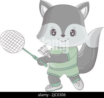 Illustration eines Wolfes, der Badminton spielt. Vektor-Illustration eines niedlichen Athleten Tier. Niedliche kleine Illustration von Wolf für Kinder, Babybuch, Fee Stock Vektor